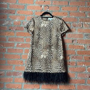 Leopard Print Dress with Black Fringe Feathers